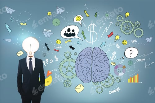 Preview: Creative Concept With Man Body With Light Bulb On Neck Near Handwritten Sketch Of Human Brain And