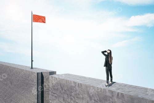 Preview: Businesswoman Standing On Concrete Block And Looking On Red Flag. Success And Startup Concept.