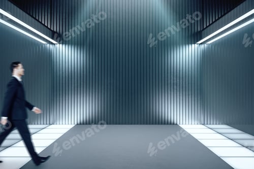 Preview: Businessman Walking In Concrete Interior With Mirror Wall. Performance And Presentation Concept