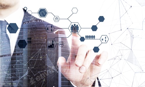 Preview: Man Using Abstract Social Network Interface On Blurry City Background. Technology And Communication
