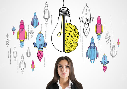 Preview: Thoughtful Young Businesswoman With Creative Lamp, Brain And Rocket Sketch On Light Background
