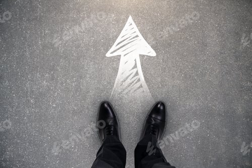 Preview: Male Feet On Asphalt With Forwar Arrow. Success And Choice Concept