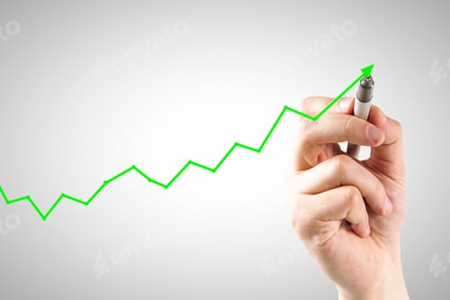 Preview: Hand Drawing Upward Green Arrow On Subtle Light Background. Economic Growth And Increase Concept