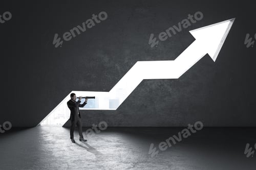 Preview: Businessman With Telescope Looking At Glowing City View Opening Growing Upward Arrow In Concrete