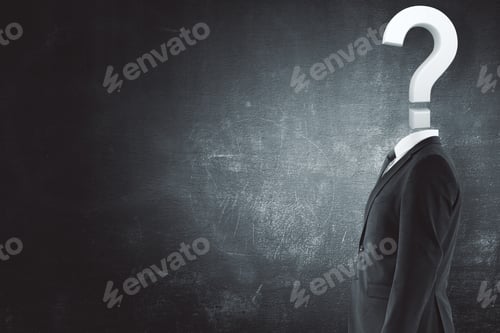 Preview: Question Headed Businessman Standing On Concrete Wall Background With Copy Space. Enquiry Concept