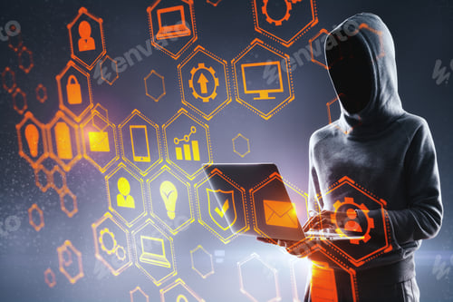 Preview: Hacker Using Laptop With Digital Business Interface Hologram. Malware And Technology Concept
