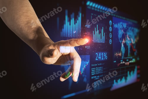 Preview: Close Up Of Man Hand Pointing At Abstract Glowing Blue Business Forex Chart And Map Interface On