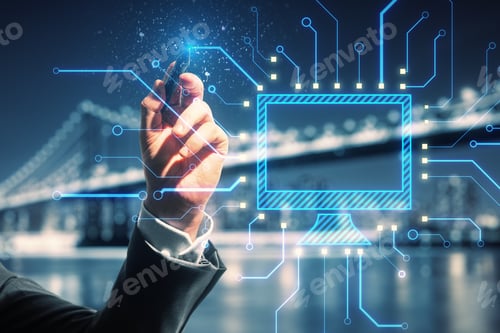 Preview: Close Up Of Man Hand Pointing At Abstract Glowing Computer Monitor Chip And Circuit Hologram On