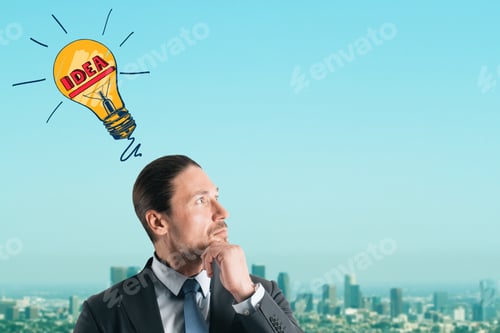 Preview: Portrait Of Attractive Young European Businessman With Lamp Sketch On Blurry City And Sky