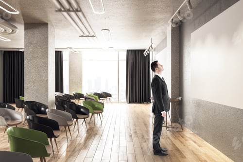 Preview: Businessman Looking On Screen In Presentation Room. Conference And Presentation Concept. 3D