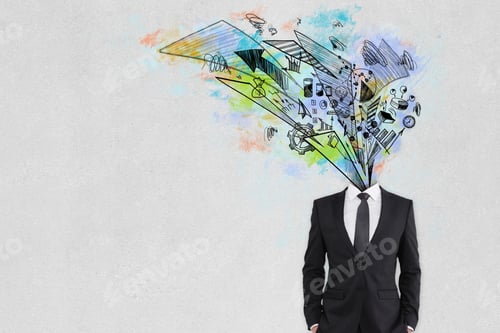Preview: Business Sketch Headed Businessman In Suit Standing On Light Background. Brainstorm And