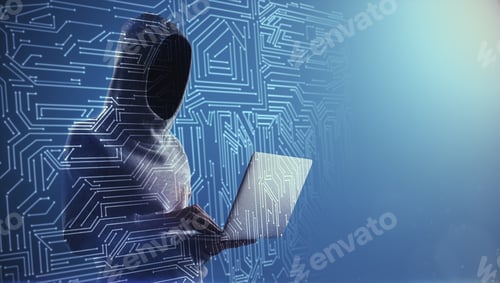 Preview: Double Exposure With Hacker Working On Laptop And Abstract Board Circuit Illustration