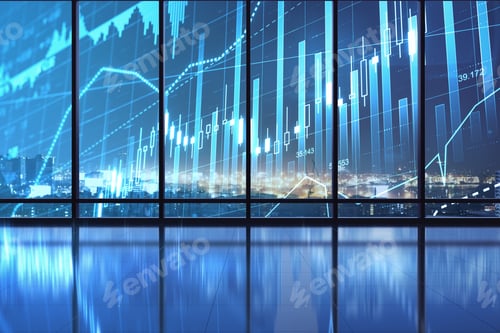 Preview: Online Trade Market Concept With Empty Hall With Night City View And Digital Financial Chart With