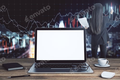 Preview: Businesswoman Using Interface In Office Interior With Empty White Laptop Screen, Supplies And