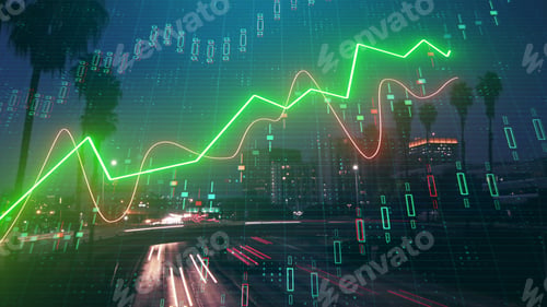 Preview: Illuminated La Night City Background With Upward Forex Chart. Trade And Finance Concept. Double