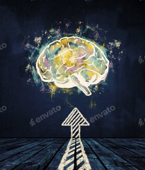 Preview: Creative Brain Sketch In Interior With Concrete Wall. Brainstorm And Innovation Concept