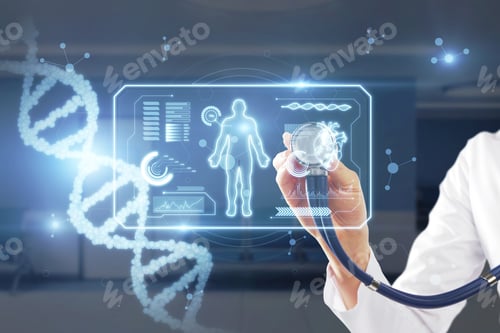 Preview: Woman Doctor Hand With Stethoscope Examining Abstract Glowing Medical Cardiology Interface On