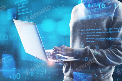 Preview: Hacker In Hoodie Using Laptop Computer With Abstract Glowing Blue Coding Background. Binary Code