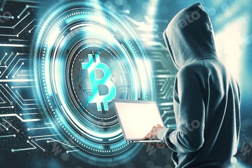 Preview: Hacker Using Laptop With Abstract Bitcoin Interface. Malware And Cryptocurrency Concept. Double