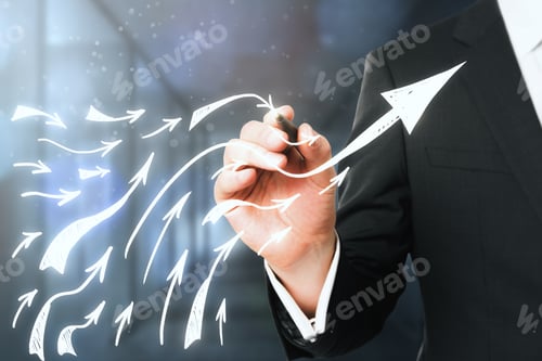 Preview: Businessman Drawing Rising Arrows, Representing Business Growth At Abstract Background