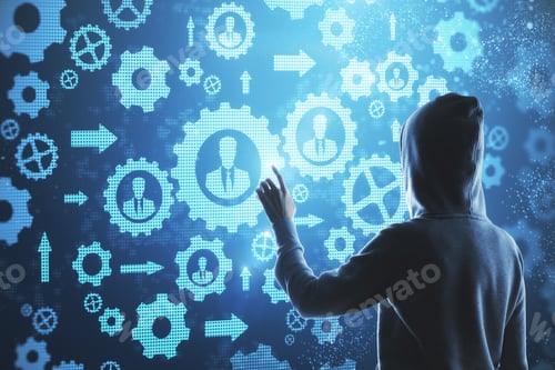 Preview: Hacking Using Abstract Digital Blue Cogwheel Interface. Hacking And Industry Concept.