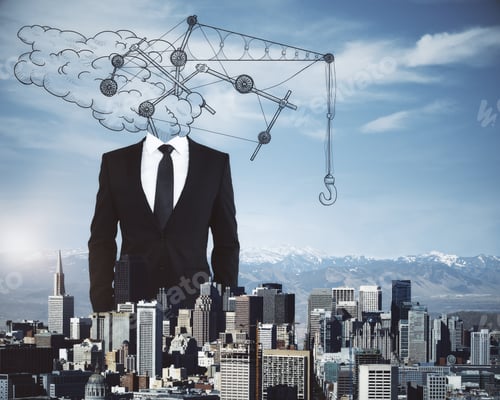 Preview: Abstract Drawn Crane Headed Businessman On City Background. Industry Concept