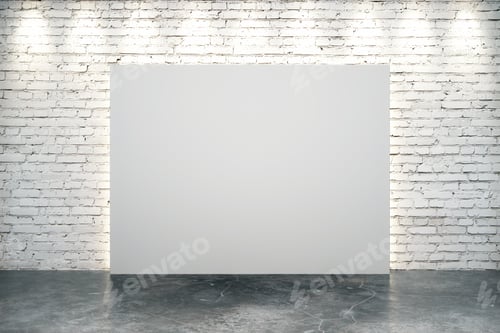 Preview: Blank White Canvas In The Center Of White Brick Wall With Concrete Floor 3D Render