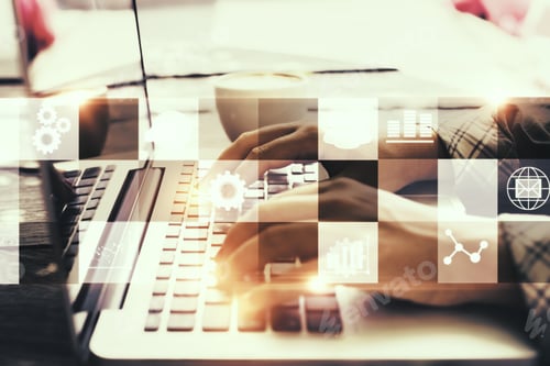 Preview: Side View And Close Up Of Hands Using Laptop Placed On Desk With Coffee Cup And Abstract Digital