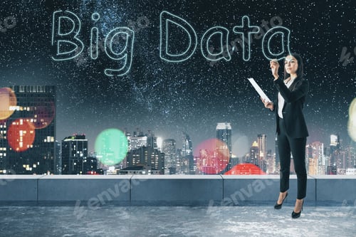 Preview: Young Businesswoman Writing Big Data On Concrete Rooftop Background With Blurry Night City View