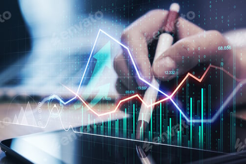 Preview: Close Up Of Hands Using Laptop With Creative Glowing Business Chart And Arrows.