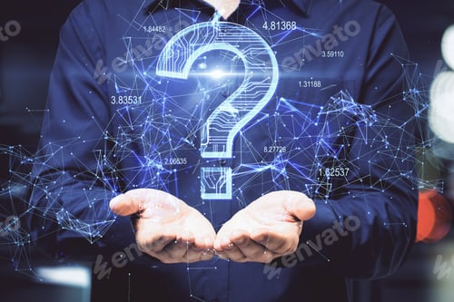 Preview: Businessman Holding Glowing Polygonal Question Mark And Big Data Interface. Ask And Confusion