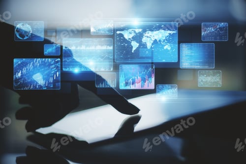 Preview: Hand Using Tablet On Desktop With Abstract Business Interface Hologram On Blurry Background