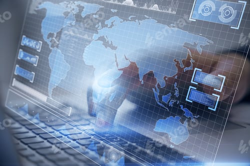 Preview: Close Up Of Businessman Hand Using Laptop Keyboard With Creative Blue Radar Map Interface On Blurry