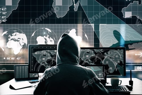 Preview: Hacker At Desktop Using Laptop With Abstract Digital Map Interface On Blurry Background. Global