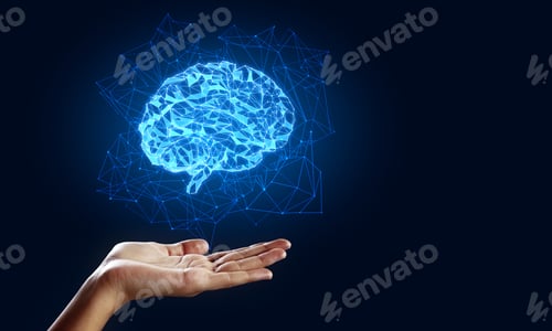 Preview: Hand Holding Creative Glowing Polygonal Brain On Blue Background. Ai And Future Concept