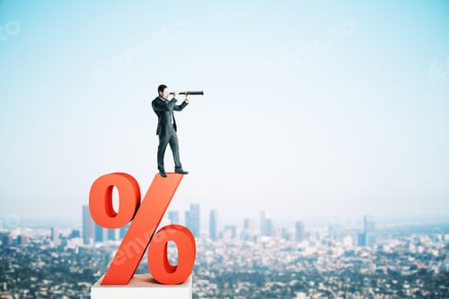 Preview: Side View Of Young Businessman Standing On Red Percent Sign And Looking Into The Distance On Blurry