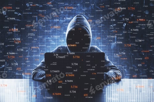 Preview: Hacker Using Laptop At Desktop With Forex Chart. Technology And Invest Concept. Double Exposure