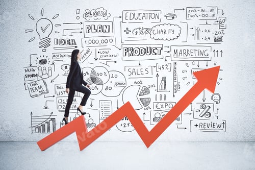 Preview: Side View Of Young Businesswoman Climbing Abstract Red Arrow In Concrete Room With Business Sketch