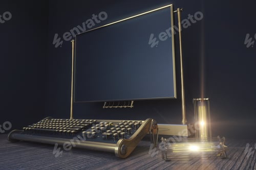Preview: Vintage Typewriter And Vintage Light Bulbs In Steampunk Style