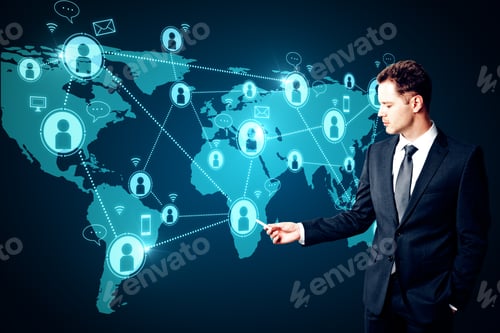 Preview: Attractive Young Businessman Using Glowing Map With Connections. Social Network And Future Concept