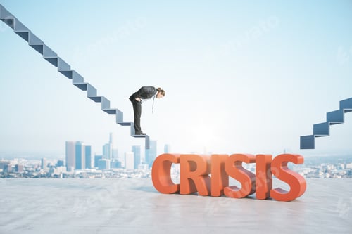 Preview: Attractive Young European Businessman Looking Down On Abstract Crisis Steps On Blurry Sky And City