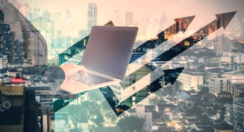 Preview: Unrecognizable Businessman Using Laptop On Abstract City Background With Digital Arrows. Growth And