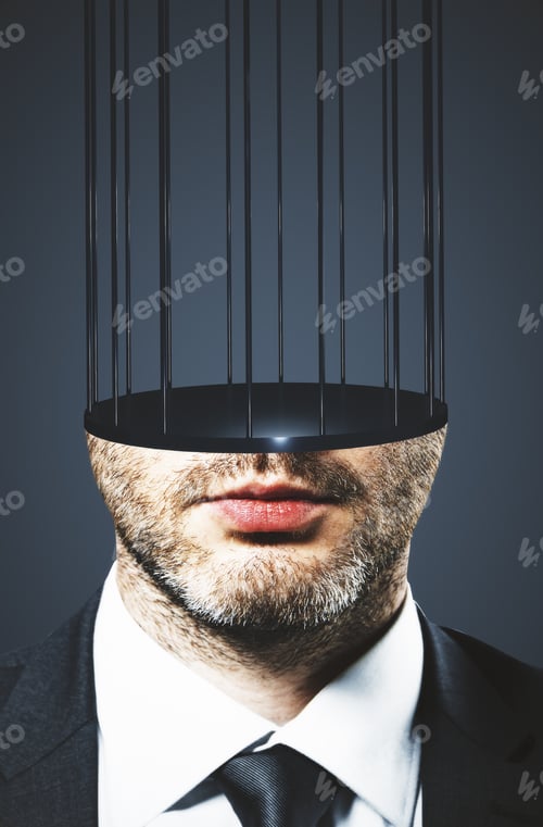 Preview: Abstract Image Of Prison Bar Headed Businessman. Freedom And Stereotype Concept