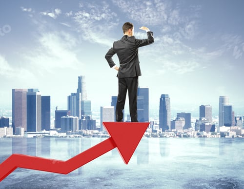 Preview: Businessman Stays On Red Arrow From Business Graph And Looking Into The Distance At City Background