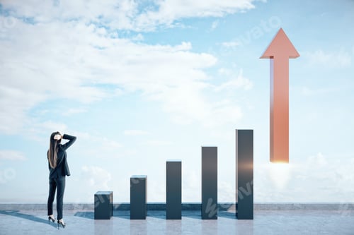 Preview: Young Businesswoman Looking On Stock Chart And Red Arrow In Form Rocket. Success And Startup
