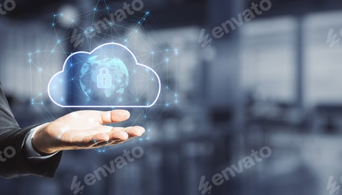 Preview: Close Up Of Businessman Hand Holding Abstract Glowing Cloud Hologram With Globe And Safety Icons