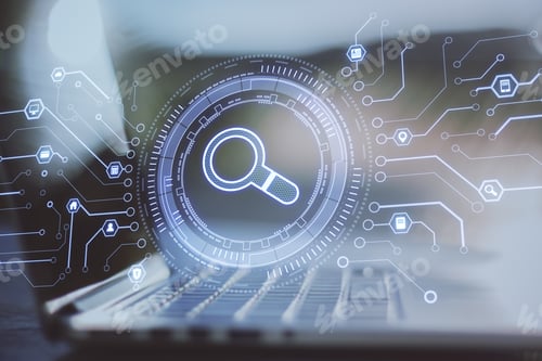 Preview: Laptop With Abstract Glowing Digital Business Interface With Search Icon On Blurry Background