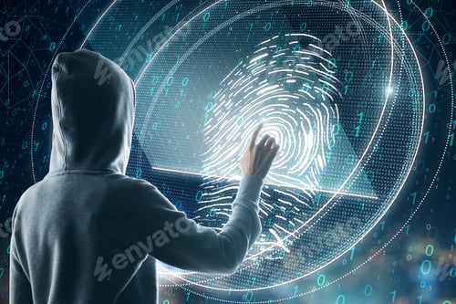 Preview: Hacker With Blue Thumb Print On Blurry Binary Code City Background. Access, Password And Scanning