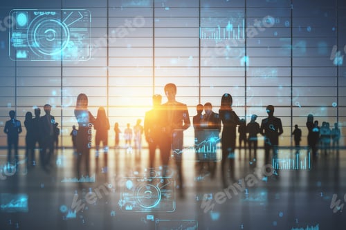 Preview: Backlit Businesspeople Working Tohether In Abstract Blurry Office Interior With Business Charts And