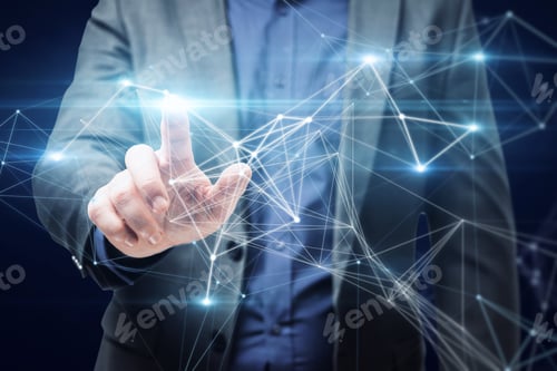 Preview: Close Up Of Businessman Hand Pointing At Abstract Polygonal Mesh On Dark Blue Background
